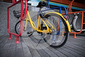 Parked bicycles in street