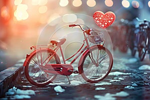 Parked bike adorned with heart, symbolizing lovers Valentines affection