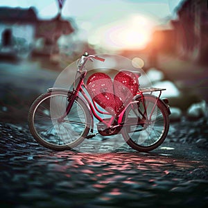 Parked bike adorned with heart, symbolizing lovers Valentines affection