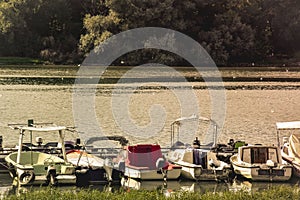 Parked boats, Dunav River in Belgrade, Serbia