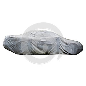 Parked car with protective gray rain cover on a white backgraund