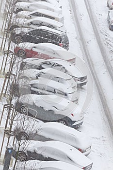 Parked cars covered in snow after blizzard top view