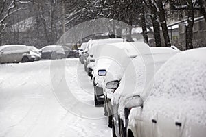 Parked cars covered with snow - snow storm