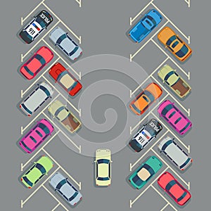 Parked cars on the parking top view, Vector urban transport concept