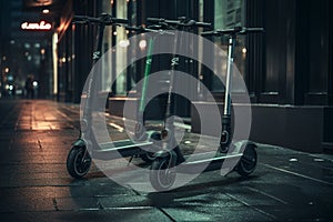 Parked Electric Scooters in the City. Generative By Ai