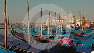 Parked gondolas on Piazza San Marco and The Doge's Palace embankment with the Santa Maria Della Salute, Church of Health