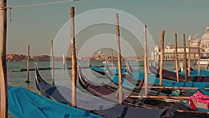 Parked gondolas on Piazza San Marco and The Doge's Palace embankment with the Santa Maria Della Salute, Church of Health