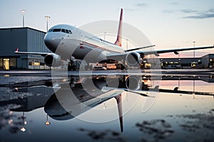 A parked passenger aircraft near a jetway, its reflection glistening in a puddle