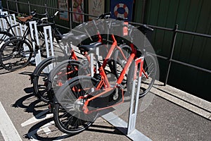 Parked rental bicycles from Velospot in Basel, Switzerland