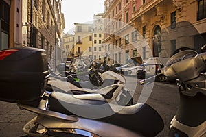 Parked scooters on the streets of Rome