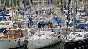 Parked Ships, Boats, Yachts in the Port Vell of Barcelona, Spain.