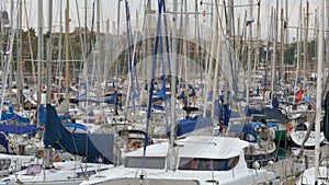 Parked Ships, Boats, Yachts in the Port Vell of Barcelona, Spain.