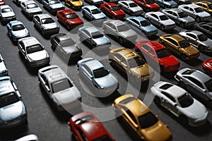 Parked toy cars on a black background like a car parking lot