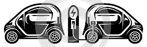 Parked two electric cars at the charging station. Vector monochrome illustration. Element, template for design