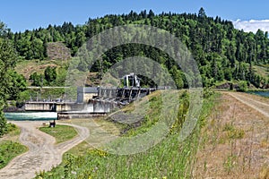 A parking area below the Dexter Dam on the Middle Fork Willamette River, Lowell, Oregon, USA