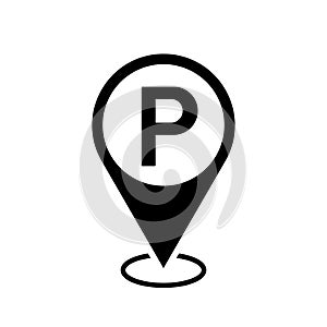 parking area location map pointer, p letter icon with location pin, black symbol isolated on white background, vector