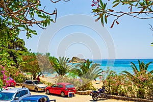 Parking at beautiful Mediterranean Platis Gialos Beach Kefalonia Greece