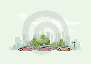 Parking Cars and City Background with Green Trees