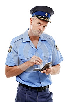 Parking fine, ticket and portrait of police writing on notepad for traffic laws, crime and public service. Justice, law