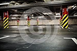 Parking garage in basement, underground interior