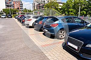 Parking garage. Empty road asphalt background. Car lot parking space in underground city garage. Modern underground