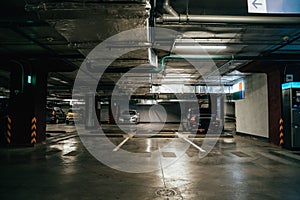 Parking Garage, Illuminated Underground Car Park Lots under modern Mall with Vehicles