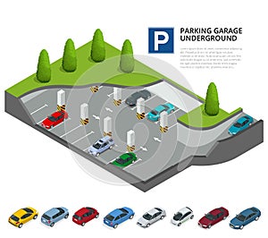 Parking garage underground. Indoor car park. Urban car parking service. Flat 3d isometric vector illustration for