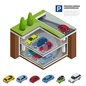 Parking garage underground. Indoor car park. Urban car parking service. Flat 3d isometric vector illustration for