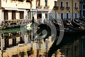 Parking gondolas on the canal in Venice