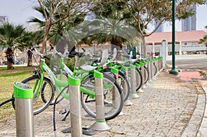 Parking green bikes for rent in Tel Aviv