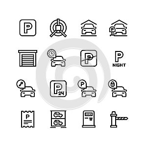 Parking icons. Car garage and parking line vector symbols