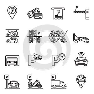 Parking icons. Car garage, Valet servant and Paid transport parking icon set with white background.