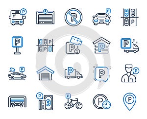 Parking line icons. Set of Garage, Valet servant and Paid parking. Vector