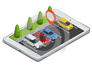 Parking lot displayed on laptop. Wireless device with locater map app device. Vector flat 3d isometric illustration