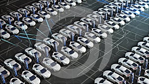 Parking lot with electric charging stations for electric vehicles. Aerial view of new electric self driving cars on car