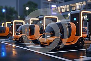A parking lot filled with a group of orange electric cars parked neatly and efficiently, A swarm of autonomous electric vehicles