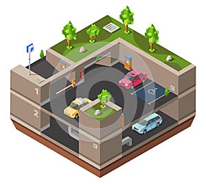 Parking lot isometric 3D vector illustration for construction design of cars, parkomat checkpoint and direction marking