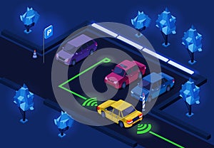 Parking lot isometric 3D vector illustration for night parking illumination of direction marking technology design