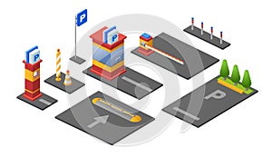 Parking lot isometric 3D vector illustration of checkpoint parkomat barrier and car lots with direction signs