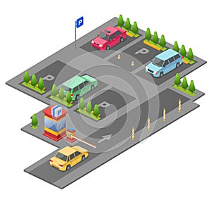 Parking lot isometric 3D vector illustration for construction design of cars, parkomat checkpoint and direction marking photo