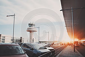 Parking lot of modern airport terminal