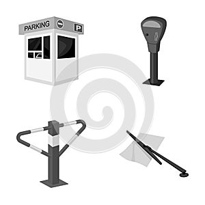 A parking lot, a parking meter, a check for services, a barrier. Parking zone set collection icons in monochrome style