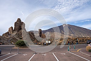 Parking lot at Roque Cinchado with Mount Teide in background at Teide National Park, Canary Islands