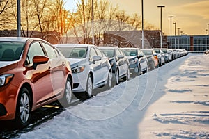Parking lot with row of cars in winter at sunset. Car rental concept