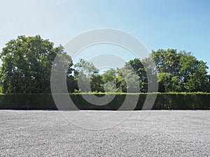 Parking lot sprinkled with gravel bush green tree blue sky nature background