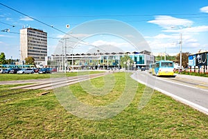 Parking lot, tram stop and bus stop in front of Main railway station in Kosice Slovakia