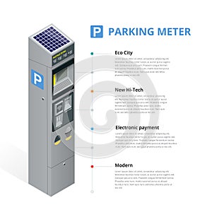 Parking meter allowing payment by mobile phone, credit cards, coins. Infographic isometric flat 3d illustration business