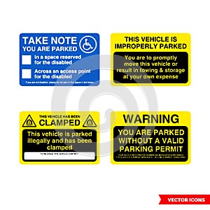 Parking offender adhesives signs icon set of color types. Isolated vector sign symbols. Icon pack