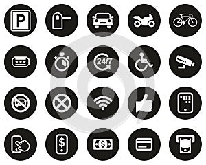 Parking Or Parking Lot Icons White On Black Flat Design Circle Set Big