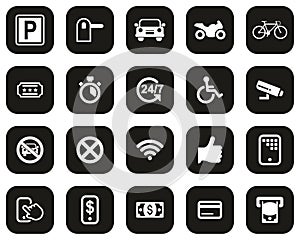 Parking Or Parking Lot Icons White On Black Flat Design Set Big